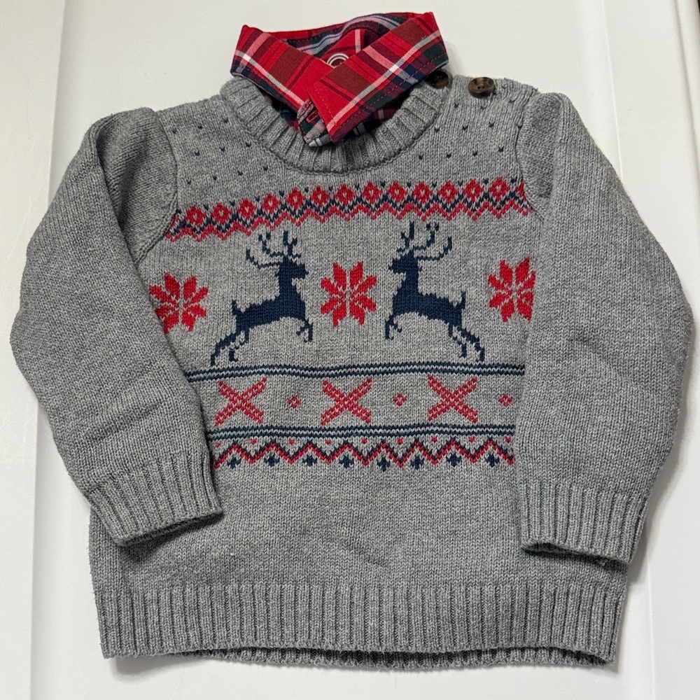 Baby Holiday Sweater with Reindeer and Red Accents and Button Up Shirt